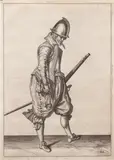 Jacob de Gheyn według, Muszkieter, karta 39, 1608 r., 1608, miedzioryt, papier czerpany ze znakiem wodnym