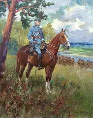 Jerzy Kossak, Marszałek Józef Piłsudski na kasztance, 1929 r., 1929, olej, płótno dublowane