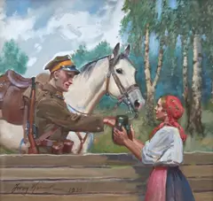 Jerzy Kossak, Ułan z dziewczyną, 1930 r., 1930, olej, tektura