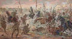 Edward Mesjasz, Scena batalistyczna, 1980 r., 1980, olej, płótno, 56