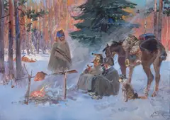 Wojciech Kossak, Przy ognisku, olej, tektura