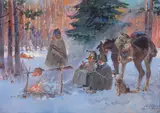 Przy ognisku by Wojciech Kossak, olej, tektura, sold Mar 2022
