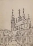 Nikifor Krynicki, Widok na kościół, ołówek, papier, 22