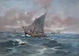 Statki na morzu by Eugeniusz Dzierżencki, olej, płyta, sold Mar 2022