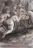Scena z ptaszkiem by Antoni Uniechowski, tusz, akwarela, papier, 28, sold Mar 2022