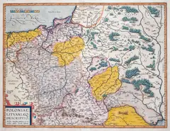 Wacław Grodecki, Poloniae Lithuaniaeq. Descriptio, mapa pochodząca z „Theatrum Orbis Terrarum”, stan drugi z pierwszej płyty, wyd. Abraham Ortelius, Amsterdam 1608 na verso tekst w języku włoskim miedzioryt kolorowany, 37