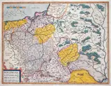 Wacław Grodecki, Poloniae Lithuaniaeq. Descriptio, mapa pochodząca z „Theatrum Orbis Terrarum”, stan drugi z pierwszej płyty, wyd. Abraham Ortelius, Amsterdam 1608 na verso tekst w języku włoskim miedzioryt kolorowany, 37