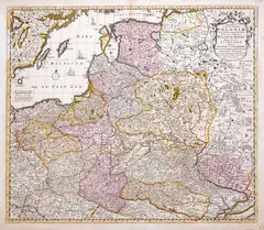 Frederik de Wit, Reipublicae et Status Generalis Poloniae Nova Tabula…, stan dziesiąty, wyd. Frederick de Wit, Amsterdam 1700 miedzioryt kolorowany