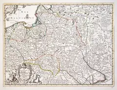 Pieter van der Aa, La Pologne, mapa pochodząca z „Nouvel Atlas”, wyd. Covens & Mortier, Amsterdam 1735 miedzioryt kolorowany liniowo