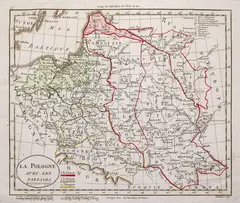 Alexandre Blondeau, La Pologne avec les Partages, stan drugi, wyd. Hyacinthe Langlois, Paryż 1802 mapa pochodząca z „Atlas Universel pour la geographie de Guthrie” miedzioryt kolorowany