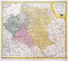 Mappa geographica Poloniae by Tobias Mayer, stan czwarty z szóstej płyty, wyd. Spadkobiercy Homanna, Norymberga 1795 miedzioryt kolorowany w epoce, 46, sold Feb 2022