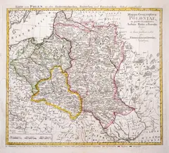 Tobias Mayer, Mappa geographica Poloniae, stan piąty z szóstej płyty, wyd. Spadkobiercy Homanna, Norymberga po 1795 miedzioryt kolorowany liniowo, 45
