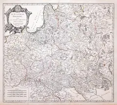 Robert de Vaugondy, Le Royaume de Pologne, stan pierwszy, wyd. Gilles i Didier Robert de Vaugondy, Paryż 1752 mapa pochodząca z „Atlas Universel” miedzioryt kolorowany liniowo, 49