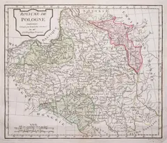 Robert de Vaugondy, Royaume de Pologne, stan trzeci, wyd. Charles-Francois Delamarche, Paryż 1795 miedzioryt kolorowany w epoce