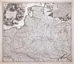 Johann Baptist Homann, Hanc Regni Poloniarum Magnique Ducatus Lithvaniae…, stan pierwszy, wyd. Johann Baptist Homann, Norymberga 1705 w kartuszu portret Augusta II Mocnego miedzioryt