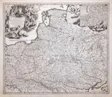 Johann Baptist Homann, Hanc Regni Poloniarum Magnique Ducatus Lithvaniae…, stan pierwszy, wyd. Johann Baptist Homann, Norymberga 1705 w kartuszu portret Augusta II Mocnego miedzioryt