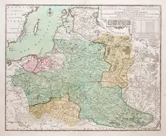 Nicolas de Fer, Les Etats de la Couronne de Pologne, mapa pochodząca z „Atlas general contenant le detail…”, stan piąty, wyd. Luis-Charles Desnos, Paryż 1782 miedzioryt kolorowany w epoce