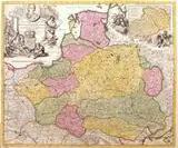 Petrus Schenk, Frederico Augusto Polon Lithuan Borus Pomer…., stan trzeci, wyd. Petrus Schenk I, Amsterdam 1711 miedzioryt kolorowany w epoce, wym. mapy 48