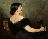 Paweł Merwart, Portret damy z pieskiem, 1894 r., 1894, olej, deska, 37