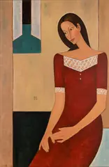 Kobieta w czerwieni, 2000 r. by Roman Zakrzewski, 2000, olej, płótno, sold Feb 2022