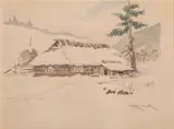 Karol Kossak, Chata zimą, akwarela, papier