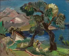 Pejzaż z pasterzem by Ludwig Klimek, olej, tektura, 17, sold Jan 2022