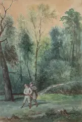 Franciszek Kostrzewski, Myśliwi, akwarela, papier, 41