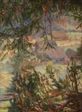 Erwin Czerwenka, Widok z lasu/Piwniczna, 1920 r. (praca dwustronna), olej, tektura, 62
