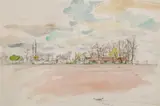 Pejzaż z zabudowaniami by Wlastimil Hofman, akwarela, ołówek, papier, sold Jan 2022