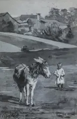 Ludwik de Laveaux, Osiołek i dziecko na łące, 1889 r., 1889, gwasz, papier