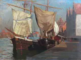 Alfred Scherres, Żaglowce na Motławie, 1905 r., 1905, olej, płyta