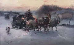 J. Konarski, Przejazd dorożką, olej, tektura 17