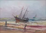 Władysław Mazurek, Żaglowiec przy brzegu, olej, płótno