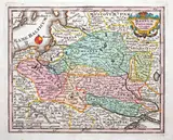 Johann Christoph Weigel, Regnum Poloniae ejusque confinia, mapa pochodząca z „Atlas Portatilis...”, stan drugi, wyd. Johann Christoph Weigel i Johann Ernst Adelbulnern, Norymberga 1724 miedzioryt kolorowany w epoce, 14