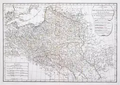 Samuel Dunn, A new map of the Kingdom of Poland…, mapa pochodząca z „A New Atlas of the Mundane System...”, stan czwarty, wyd. Laurie & Whittle, Londyn 1794 miedzioryt kolorowany liniowo, 33