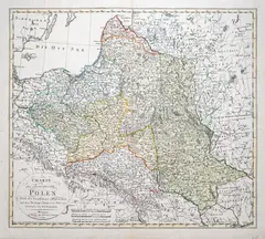 Charte des Königreichs Polen by Franz Ludwig Güssefeld, stan pierwszy, Weimar wyd. Industrie-Comptoir Weimar, 1793 miedzioryt kolorowany, sold Feb 2022
