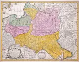 Guillaume de l’Isle, La Pologne dresee sur ce qu'en ont donne Starovolsk, Beauplan, Hartknoch..., wyd. Petrus Schenk II, Amsterdam 1734 miedzioryt kolorowany w epoce