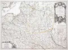 Jean Janvier, Les Royaumes de Pologne et de Prusse, stan pierwszy, wyd. Jean Lattre, Paryż 1760 miedzioryt kolorowany liniowo, 48