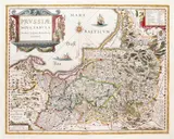 Willem Janszoon Blaeu, Prussiae nova tabula, wyd. Amsterdam 1635 lub 1647 na verso tekst w języku niemieckim miedzioryt kolorowany w epoce