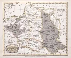 James Barlow, Poland Shewing the Claims of Russia, Prussia and Austria from the best authorities, wyd. C. Brightly & E. Kennersly, Suffolk 1807 miedzioryt kolorowany w epoce, wym. mapy 17