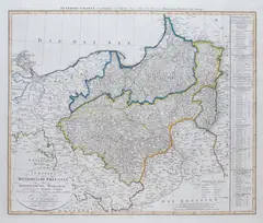 Daniel Friedrich Sotzmann, Charte vom Königreiche Preussen dem Herzogthume Warschau, stan trzeci, wyd. Geographisches Institut Weimar, 1807 miedzioryt kolorowany liniowo