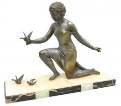 Cipriani Ugo, Figura kobiety z ptakami art déco, mosiądz, podstawa marmur