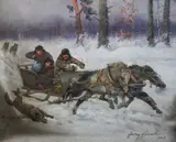 Napad wilków, 1943 by Jerzy Kossak, 1943, olej, tektura, sold Dec 2021