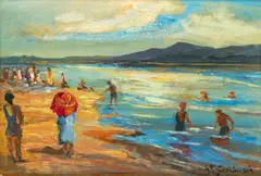Władysław Gościmski, Plaża w Kazimierzu nad Wisłą, olej, tektura, 20