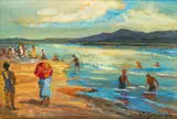 Władysław Gościmski, Plaża w Kazimierzu nad Wisłą, olej, tektura, 20