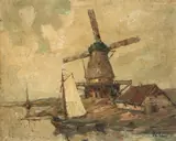 Rudolf Priebe, Wiatrak i łódź rybacka, olej, płyta