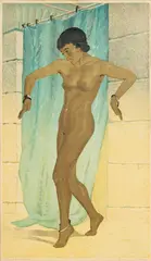 Aleksander Laszenko, Kobieta wychodząca z kąpieli, 1935 r., 1935, drzeworyt barwny, papier