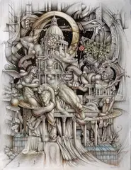 Daniel Pawłowski, Tempus, 2021, 2021, tusz, olej, pasty pozłotnicze, papier