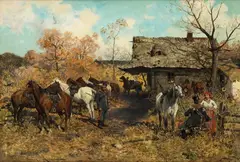 Alfred Wierusz-Kowalski, Ułani odpoczywający przed chatą, (inne tytuły: Postój ułanów, Żołnierze odpoczywający przed chłopską chatą)olej, deska