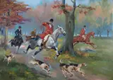 Polowanie par force, 1947 r. by Jerzy Kossak, 1947, olej, płyta, sold Nov 2021